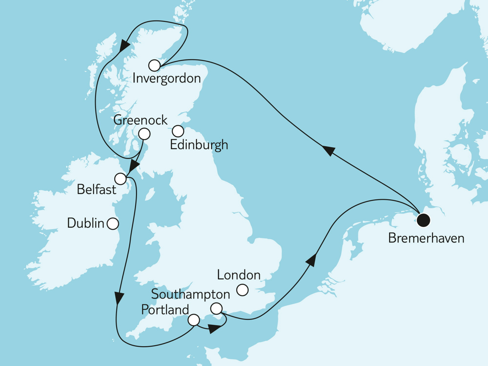 Mein Schiff 3  Grobritannien mit Belfast - Routenbild